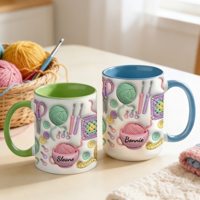 Personalized Name 3D Crochet & Yarn Mug, 11oz/15oz Two Tone Ceramic Coffee Mug with Coaster, Birthday/Mother's Day Gift for Crochet Lovers/Mom/Grandma