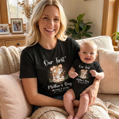 Custom Cute Tiger Our First Mother's Day Mom & Baby Matching Set with Name Year, 100% Cotton T-Shirt Bodysuit Set, Mother's Day Gift for New Mom/Baby