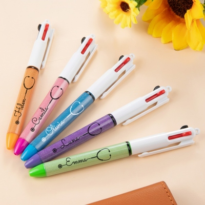 Custom Name Stethoscope Design Retractable Three-Color Glitter Pens (Set of 2), 3-in-1 Ballpoint Pens, Appreciation/Birthday Gifts for Nurses/Doctors
