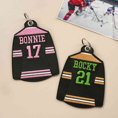 Custom Name & Number Embroidered Leather Ice Hockey Jersey Keychain, Team Bag Tag, Birthday/Anniversary Gift for Ice Hockey Lovers/Players/Coaches