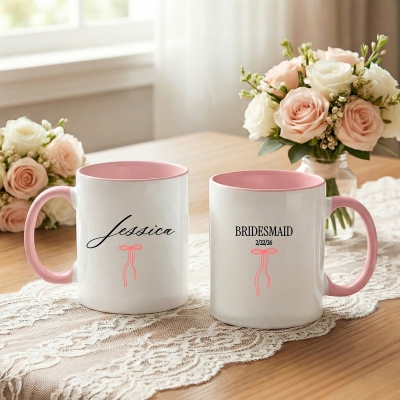 Custom Name & Date Bridesmaid Proposal Pink Bow Mug, 11oz/15oz Two Tone Ceramic Coffee Mug with Coaster, Bridal Party Favor, Gift for Bridesmaids