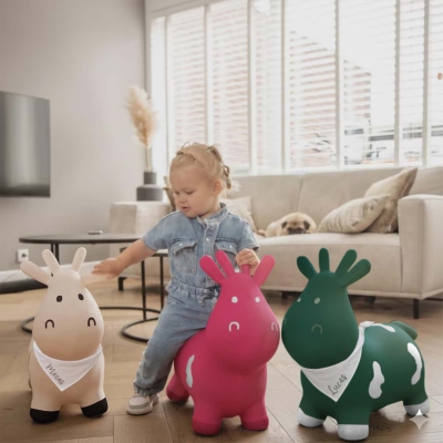 Personalized Bouncy Cow with Name Bib for Toddlers, Colorful Ride-On Inflatable Animal Toy, Nursery Decor, Easter/Birthday Gift for Kids/Boys/Girls