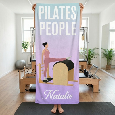 Personalized Cartoon Pilates Character Multicolor Soft Throw Sports Towel with Name, Sports Accessory, Birthday Gift for Pilates Lovers/Women