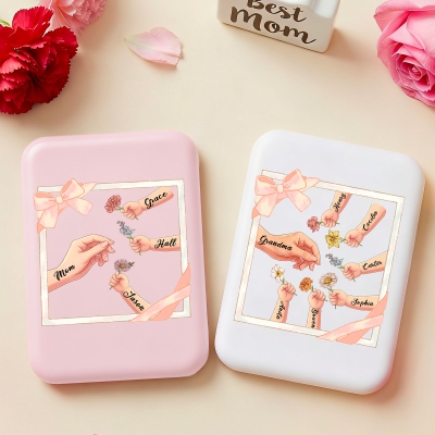 Custom Names Birth Flowers Hands of Mom/Grandma & Kids LED Makeup Mirror, 1x/2x Magnifying Dual Compact Mirror, Mother’s Day Gift for Mom/Grandma