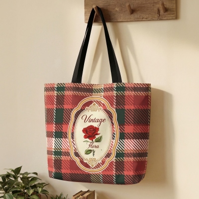 Personalized Name Birth Flower Vintage Plaid Tote Bag, Large Capacity Handbag, Birthday/Mother’s Day/Wedding Gift for Her/Mom/Bridesmaids/Women