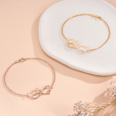 Personalized Name Mobius Cat & Heart Bracelet, Sterling Silver 925 Pet Memorial Jewelry, Birthday/Anniversary/Christmas Gift for Cat Mom & Dad