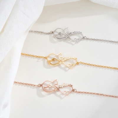 Personalized Name Mobius Cat & Heart Anklet, Sterling Silver 925 Pet Memorial Jewelry, Birthday/Anniversary/Christmas Gift for Cat Lovers/Owners