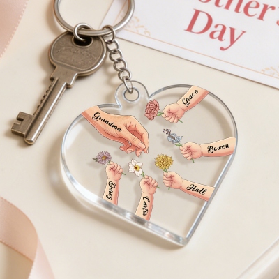 Custom Names & Birth Flowers Hands of Mom/Grandma & Kids Heart-Shaped Acrylic Keychain, Bag Accessory, Birthday/Mother’s Day Gift for Mom/Grandma