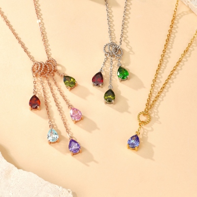 Personalized 1-5 Teardrop Birthstones Necklace, Sterling Silver 925 Dainty Family Birthstone Jewelry, Birthday/Mother’s Day Gift for Her/Mom/Women