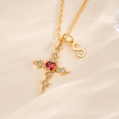 Personalized Heart Birthstone Cross Necklace with Initial, Dainty Women's Christian Jewelry, Birthday/Christening/Christmas Gift for Her/Mom/Family