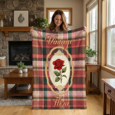 Personalized Name Birth Flower Vintage Plaid Blanket, Flannel/Sherpa Soft Bed Couch Throw, Home Decor, Birthday/Mother’s Day Gift for Her/Mom/Women