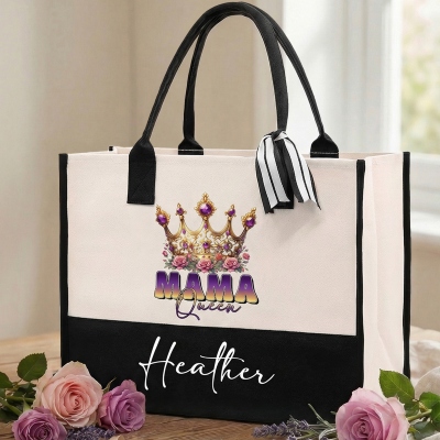 Personalized Name Mama Queen Flower Crown Design Tote Bag, Large Capacity Canvas Handbag with Ribbon, Birthday/Mother’s Day Gift for Wife/Mom/Grandma