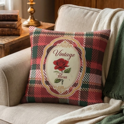 Personalized Name Birth Flower Vintage Plaid Throw Pillow Cover, Pillowcase with Optional Insert, Birthday/Mother’s Day Gift for Her/Mom/Grandma
