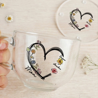 Custom Names Birth Flowers Heart Design Espresso Cup and Coaster, Clear Glass Coffee Mug with Handle, Birthday/Mother’s Day Gift for Her/Mom/Grandma