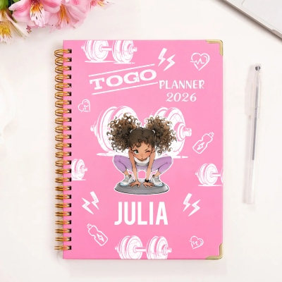 Personalized Name Cartoon Fitness Girl Workout Planner 2026, A5 Spiral Notebook with Weekly Planner Pages, Gift for Gym Girls/Fitness Lovers