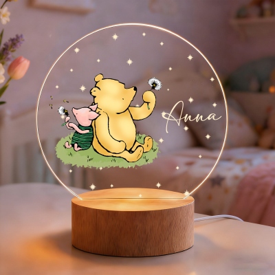 Custom Name Classic Winnie the Pooh LED Night Light, Acrylic Night Lamp with Wooden Base, Nursery Decor, Baby Shower/Birthday Gift for Newborns/Kids