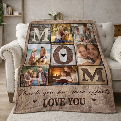 Personalized Name Photo Grid Mom’s Blanket, Flannel/Sherpa Throw for Bed Couch, Home Decor, Birthday/Mother’s Day Gift for Wife/Mom/Grandma