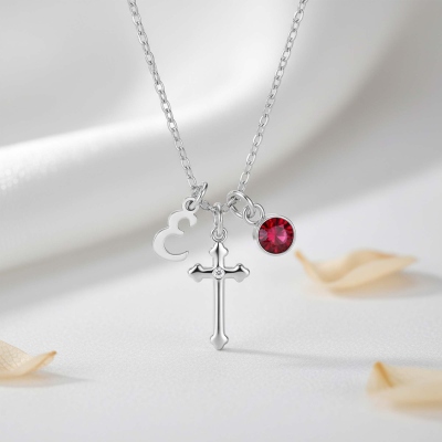 Personalized Cross Necklace with Initial & Birthstone, Dainty Women's Christian Jewelry, Birthday/Christening/Christmas Gift for Her/Mom/Family