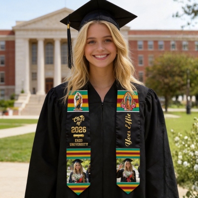 Personalized Photos & Names Graduation Stole with Year, Saint Jude & Our Lady of Guadalupe Design College Graduation Sash, Gift for Graduates