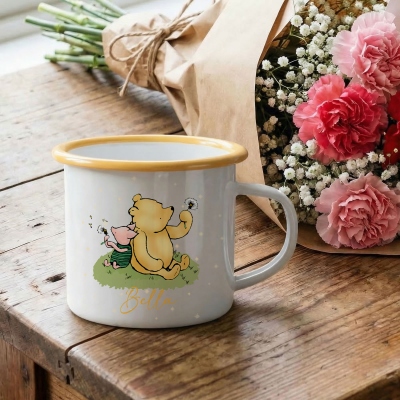 Custom Name Classic Winnie the Pooh Enamel Mug, 12oz Cup with Handle, Tin Camping Mug, Easter Party Favor, Easter/Birthday Gift for Kids/Boys/Girls