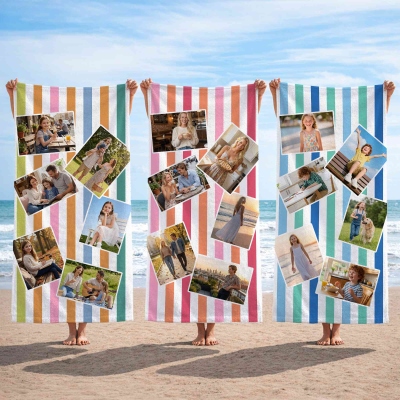 Personalized 6 Photos Colorful Striped Beach Towel, Quick Dry Microfiber Bath Towel, Summer Vacation/Beach Party Favor, Gift for Kids/Family/Friends