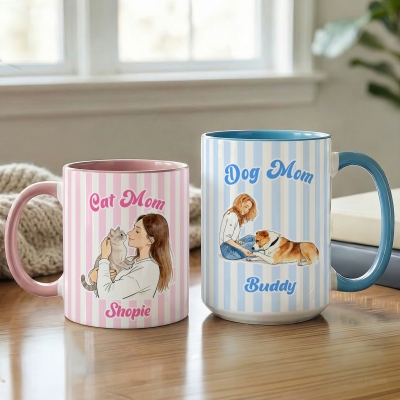 Personalized Name & Photo Watercolor Striped Cartoon Mug, 11oz/15oz Ceramic Coffee Mug with Coaster, Birthday/Mother's Day Gift for Pet Owners/Mom
