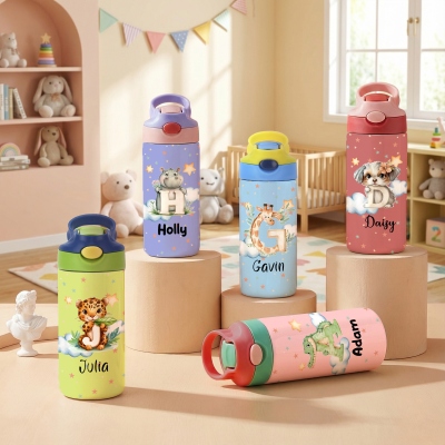 Personalized Name Watercolor Animal Alphabet Water Bottle, Stainless Steel 12oz Tumbler with Silicone Straw & Spill-Proof Lid, Birthday Gift for Kids