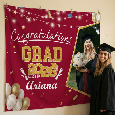 Personalized Photo & Name Congratulations Grad Backdrop with Year, Class of 2026 Graduation Party Banner, Gift for Graduates/Classmates/Students