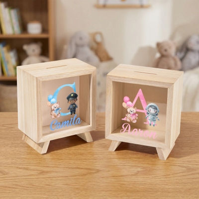 Personalized Watercolor Dreamy Profession Alphabet Piggy Bank with Name, Wooden Clear Window Money Box Saving Bank, Birthday Gift for Kids/Boys/Girls