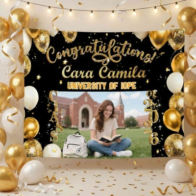 Personalized Photo Congratulations Graduation Backdrop with Name & Year, Class of 2026 Graduation Party Banner, Gift for Graduates/Classmates/Students