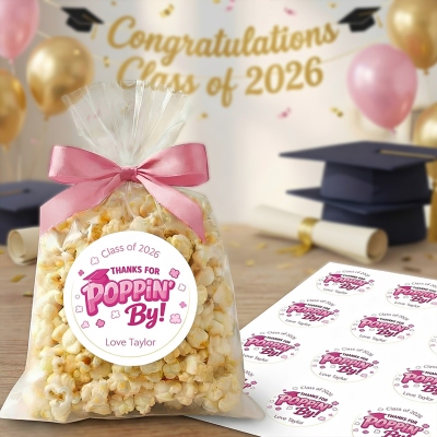 Personalized Name & Year Thanks for Popping by Graduation Stickers, Round Gift Tags, Treat Bag Labels, Graduation Party Favors, Gifts for Graduates