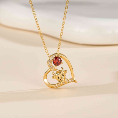 Personalized Highland Cow Heart Pendant Necklace with Birthstone, Dainty Women's Jewelry, Birthday/Mother's Day Gift for Her/Mom/Highland Cow Lovers