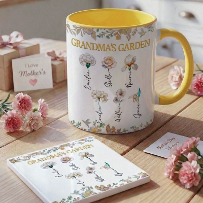 Personalized Names Birth Flowers Grandma’s Garden Mug, 11oz/15oz Two Tone Ceramic Coffee Mug with Coaster, Birthday/Mother’s Day Gift for Mom/Grandma