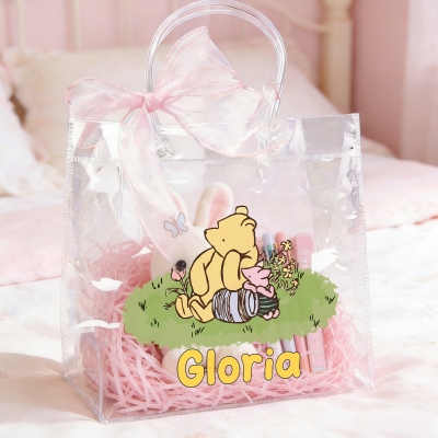 Personalized Name Classic Winnie the Pooh Gift Bag with Pink Bow Ribbon, Clear PVC Bag, Spring Party Favor, Easter/Birthday Gift for Kids/Boys/Girls