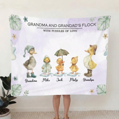 Personalized 1-8 Names Watercolor Duck Family Blanket with Tassels, Flannel Bed Couch Throw, Home Decor, Birthday/Mother’s Day Gift for Mom/Grandma