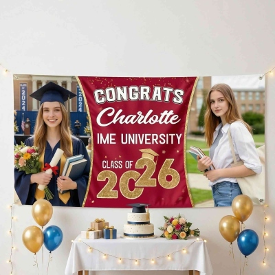 Personalized 2 Photos Congratulations Graduation Backdrop with Name & Year, Class of 2026 Graduation Party Banner, Gift for Graduates/Students