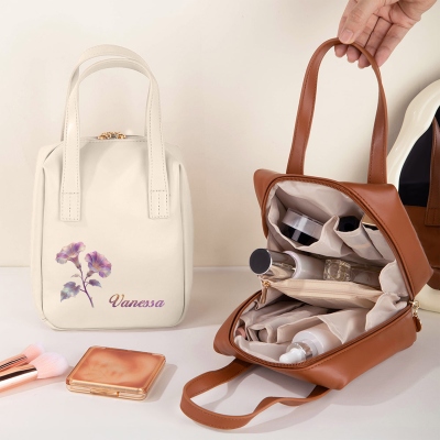 Personalized Name Watercolor Birth Flower Leather Makeup Bag with Handles, Travel Organizer Handbag, Birthday/Mother's Day Gift for Her/Mom/Grandma