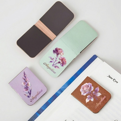 Personalized Watercolor Birth Flower Bookmark with Name, Elegant Magnetic Leather Bookmark Clip, Birthday/Mother's Day Gift for Her/Mom/Book Lovers