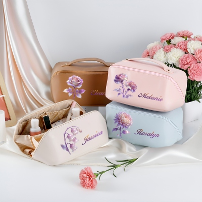 Personalized Name Watercolor Birth Flower Leather Travel Makeup Bag, Wide Open Flat Cosmetic Bag with Divider & Handle, Mother's Day Gift for Mom/Her