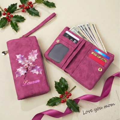 Custom Name Watercolor Birth Flower Tri-Fold Wallet, Leather Wallet Card Phone Holder with Wrist Strap, Birthday/Mother's Day Gift for Her/Mom/Grandma