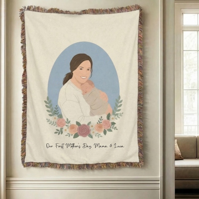 Custom Watercolor Family Portrait Floral Blanket with Tassels, Flannel Bed Couch Throw, Home Decor, Birthday/Mother's Day Gift for Mom/Family/Friends