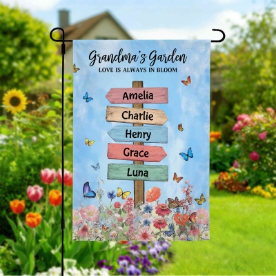 Personalized Sign Post Design Grandma’s Garden Flag with Names, Floral Butterflies Outdoor Yard Decor, Birthday/Mother’s Day Gift for Grandma