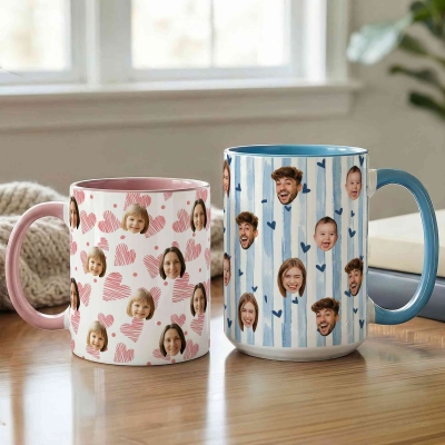 Personalized Mug with 1-5 Portraits, Ceramic 11oz/15oz Cocoa Coffee Mug with Face Photos, Birthday/Anniversary Gift for Couple/Family/Pet Lovers