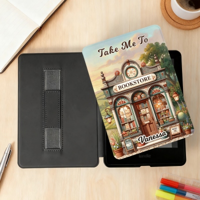 Personalized Name Bookstore Art Portable Kindle Case for Multiple Models, TPU Kindle Protector with Handle, Birthday Gift for Book Lovers/Readers/Her