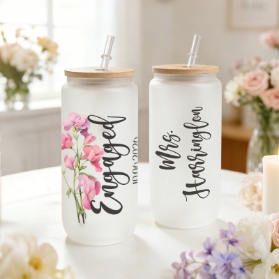 Personalized Birth Flower Bride Frosted Glass Cup with Name, 20oz Tumbler with Straw & Bamboo Lid, Party Favor, Wedding Gift for Bridesmaids/Friends