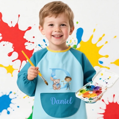 Custom Name & Initial Watercolor Dreamy Profession Character Long Sleeve Children's Painting Apron, Art Smock with Pocket, Birthday Gift for Kids