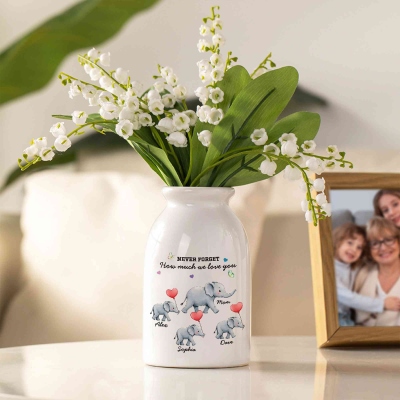 Personalized Elephant Family Flower Vase with Name, Floral Ceramic Mug Vase, Home Decor, Birthday/Anniversary/Mother's Day Gift for Her/Mom/Grandma