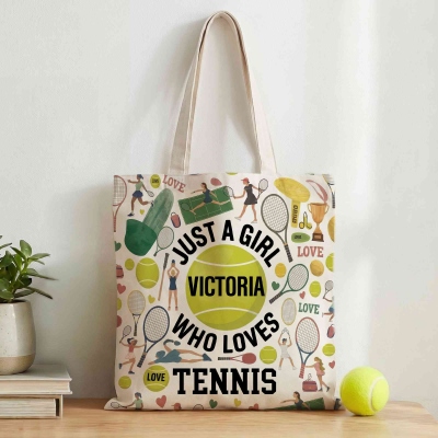 Custom Tennis Racket & Ball Design Tote Bag with Name, Funny Cartoon Large Capacity Canvas Daily Handbag, Birthday Gift for Tennis Lovers/Players/Her