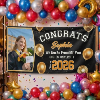 Personalized Photo Congrats Graduation Balloon Design Backdrop with Name & Year, Class of 2026 Graduation Party Banner, Gift for Graduates/Students