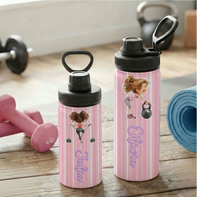 Personalized Fitness Girl Water Bottle with Name, Stainless Steel 12/18 oz Tumbler with Spill-Proof Lid & Handle, Gift for Gym Girls/Fitness Lovers